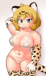 Rule 34 | 10s, 1girl, :/, abs, animal ears, arm at side, arm behind head, bare shoulders, bikini, blonde hair, breasts, brown eyes, cleavage, closed mouth, collarbone, commentary request, cowboy shot, elbow gloves, gabyo nuno, gloves, highres, hip focus, jaguar (kemono friends), jaguar ears, jaguar print, jaguar tail, kemono friends, looking at viewer, medium breasts, micro bikini, navel, print gloves, print thighhighs, short hair, skindentation, solo, standing, stomach, swimsuit, tail, thighhighs, toned, white bikini