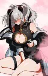 Rule 34 | 1girl, animal ears, arknights, bare shoulders, black dress, black ears, black hair, blush, breasts, china dress, chinese clothes, cleavage, clenched teeth, closed eyes, dress, ert raitsui, feater (arknights), grey hair, highres, jacket, large breasts, masturbation, nipple pull, nipple stimulation, open clothes, open jacket, panda ears, panda girl, pink background, solo, sweat, teeth, thick thighs, thigh strap, thighs, two side up