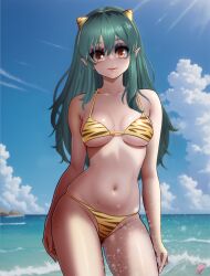 Rule 34 | 1girl, animal print, breasts, breasts apart, closed mouth, cloud, cloudy sky, collarbone, cone horns, cowboy shot, elementary, eyeliner, green hair, groin, highres, horizon, horns, long hair, looking at viewer, lum, makeup, medium breasts, navel, outdoors, parted lips, pointy ears, sidelocks, sky, smile, standing, straight-on, thighs, tiger print, urusei yatsura, water, water drop