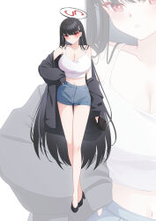 Rule 34 | 1girl, :o, absurdres, alternate costume, black hair, black jacket, blue archive, blush, breasts, camisole, cleavage, crop top, crossed legs, denim, denim shorts, full body, highres, jacket, jacket partially removed, large breasts, long hair, looking at viewer, navel, red eyes, rio (blue archive), shira jun, short shorts, shorts, solo, straight hair, very long hair, watson cross, white camisole, zoom layer