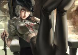 Rule 34 | 1girl, ascot, ass, blood, bloodborne, chair, double-blade, gem, gloves, hat, hat feather, highres, lady maria of the astral clocktower, long hair, looking at viewer, navel, ponytail, ragecndy, rakuyo (bloodborne), simple background, solo, sword, the old hunters, weapon, white hair