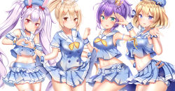 Rule 34 | 4girls, :d, :o, absurdres, anchor print, animal ears, aqua eyes, armpit peek, armpits, ayanami (azur lane), ayanami (grade a sailor uniform) (azur lane), azur lane, bare arms, bare shoulders, beret, blonde hair, blue choker, blue headwear, blue shirt, blue shorts, blue skirt, blush, bow, bowtie, breasts, buttons, choker, clothes lift, collarbone, cowboy shot, crop top, crop top overhang, crown, detached sleeves, double-breasted, feet out of frame, floating hair, frilled cuffs, frilled sleeves, frills, hair between eyes, hair bow, hair ornament, hair ribbon, hand on own hip, hand up, hands up, hat, headgear, heart, heart hands, highres, javelin (azur lane), javelin (let&#039;s become waitresses!) (azur lane), laffey (azur lane), laffey (bunny clerk?) (azur lane), large breasts, layered skirt, lifted by self, light purple hair, long hair, looking at viewer, medium breasts, midriff, mini crown, miniskirt, multiple girls, navel, neck ribbon, open mouth, orange bow, orange eyes, parted lips, plaid, plaid bow, pleated skirt, ponytail, purple eyes, purple hair, rabbit ears, rabbit tail, red bow, red eyes, ribbon, sailor collar, school uniform, serafuku, shirt, short hair, short shorts, short sleeves, shorts, shorts under skirt, side-by-side, sidelocks, simple background, skirt, skirt lift, sleeveless, sleeveless shirt, small breasts, smile, standing, stomach, tail, thighhighs, thighs, twintails, very long hair, wavy hair, white background, white bow, white legwear, white sailor collar, wrist cuffs, x hair ornament, yellow neckwear, yuano, z23 (azur lane), z23 (perfect smile?) (azur lane), zettai ryouiki