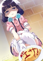 Rule 34 | 1girl, absurdres, blend s, brick wall, commentary request, dated, dutch angle, food, gloves, head scarf, highres, long hair, looking at viewer, low twintails, neki (wakiko), omelet, omurice, parted lips, plate, puffy short sleeves, puffy sleeves, purple eyes, purple hair, sakuranomiya maika, shaded face, short sleeves, solo, squatting, thighhighs, twintails, twitter username, very long hair, white gloves, white thighhighs