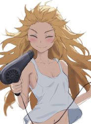 Rule 34 | 1girl, bare shoulders, blonde hair, blush, breasts, closed mouth, collarbone, drying, drying hair, closed eyes, fate/apocrypha, fate (series), hair dryer, highres, holding, holding hair dryer, long hair, mordred (fate), mordred (fate/apocrypha), navel, small breasts, smile, solo, tank top, tonee, white tank top