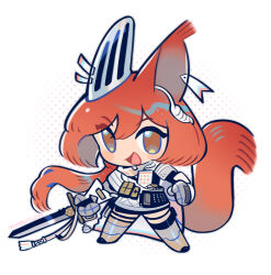 Rule 34 | 1girl, :d, animal ears, arknights, armor, chibi, ear covers, ear tag, earpiece, flametail (arknights), highres, holding, holding sword, holding weapon, long hair, open mouth, red hair, sharktuna, shirt, simple background, smile, solo, squirrel ears, squirrel girl, squirrel tail, sword, tail, thighhighs, weapon, white background, white shirt, yellow eyes