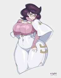 Rule 34 | 10s, 1girl, :&gt;, blush, breasts, covered navel, creatures (company), curvy, eight (upright-infinity), fat, game freak, gigantic breasts, glasses, green eyes, looking at viewer, nintendo, plump, pokemon, pokemon sm, purple hair, ribbed sweater, skin tight, smile, solo, sweater, thick thighs, thighs, turtleneck, wicke (pokemon), wide hips