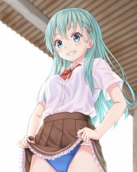 Rule 34 | 1girl, aqua eyes, aqua hair, blue one-piece swimsuit, blush, bow, bowtie, breasts, brown skirt, clothes lift, collared shirt, day, frilled skirt, frills, gotou hisashi, grin, hair ornament, hairclip, highres, kantai collection, lifted by self, long hair, looking at viewer, looking down, medium breasts, one-piece swimsuit, pleated skirt, red bow, red bowtie, remodel (kantai collection), school swimsuit, shirt, short sleeves, skirt, skirt lift, sky, smile, solo, suzuya (kancolle), swimsuit, swimsuit under clothes, teeth, upper body, white shirt