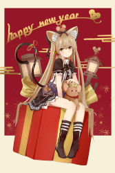 Rule 34 | 1girl, amco, animal ears, bad id, bad pixiv id, black dress, black socks, brown eyes, commentary request, dress, hair ribbon, highres, kneehighs, looking at viewer, mouse (animal), mouse ears, mouse tail, new year, original, red ribbon, ribbon, short sleeves, sitting, socks, solo, tail, tail ornament, tail ribbon