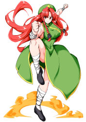 Rule 34 | 1girl, absurdres, bandaged arm, bandaged leg, bandages, braid, chestnut mouth, fighting stance, fugaku (miko no miyatsuguchi), hat, highres, hong meiling, long hair, muscular, muscular female, red eyes, red hair, simple background, solo, standing, standing on one leg, thighs, touhou, twin braids, very long hair, white background