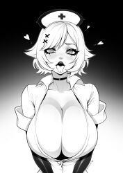 Rule 34 | 1girl, artist name, brassica, breasts, buttons, choker, cleavage, collarbone, elbow gloves, eyelashes, forked tongue, gloves, greyscale, hair ornament, hat, heart, heart-shaped pupils, highres, huge breasts, low neckline, mole, mole under each eye, mole under eye, monochrome, multiple moles, nurse, nurse cap, open mouth, original, short hair, short sleeves, solo, symbol-shaped pupils, tongue, tongue out, upper body, x hair ornament