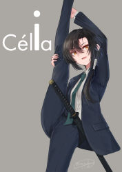Rule 34 | 1girl, absurdres, artist name, black hair, blazer, blue jacket, blue pants, brown eyes, celia (dreadtie), character name, cowboy shot, dreadtie, dress shirt, formal, green necktie, grey background, hair over shoulder, highres, jacket, katana, leg hold, leg up, long hair, long sleeves, looking at viewer, necktie, open mouth, original, pant suit, pants, reverse trap, sheath, sheathed, shirt, signature, simple background, smile, solo, standing, standing on one leg, suit, sword, weapon, white shirt, wing collar