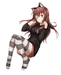 1girl animal_ears black_sweater blush breasts brown_eyes brown_hair cat_ears closed_mouth commentary commission english_commentary english_text female_focus full_body hands_up highres large_breasts long_sleeves looking_at_viewer mochii one_eye_closed original signature simple_background smile solo striped_clothes striped_thighhighs sweater thighhighs white_background