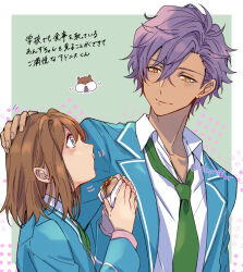 Rule 34 | 1boy, 1girl, anzu (ensemble stars!), artist name, blazer, blue eyes, blue jacket, blush, border, brown hair, chipmunk, closed mouth, collarbone, collared shirt, commentary request, crossed bangs, dark-skinned male, dark skin, earrings, eating, ensemble stars!, food, green background, green necktie, hand on another&#039;s head, hand up, hands up, holding, holding food, jacket, jewelry, lapels, long sleeves, looking at another, looking down, medium hair, necktie, open clothes, open jacket, otogari adonis, outside border, parted bangs, profile, purple hair, sandwich, school uniform, shirt, short hair, sidelocks, simple background, sleepwildbear, smile, squirrel, translation request, twitter username, upper body, white border, white shirt, wing collar, yellow eyes