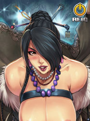 Rule 34 | 1boy, 1girl, artist logo, black hair, blush, braid, breasts, brown eyes, final fantasy, final fantasy x, hanging breasts, huge breasts, jewelry, looking at viewer, lulu (ff10), mole, mole under mouth, necklace, out of frame, reiq, solo focus
