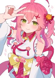 Rule 34 | 1girl, :&gt;, absurdres, ahoge, bell, cherry blossom print, detached sleeves, enipa 28, floral print, flower, green eyes, hair bell, hair ornament, half-closed eyes, highres, hololive, jingle bell, one side up, paw print, paw print pattern, pink flower, pink hair, sakura miko, sakura miko (1st costume), solo, sparkle, upper body, v-shaped eyebrows, v over head, virtual youtuber, white background, x hair ornament