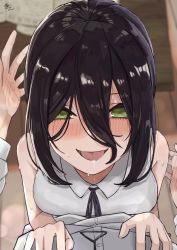 Rule 34 | 1boy, 1girl, absurdres, after kiss, black hair, black ribbon, blurry, blurry background, blush, breasts, chainsaw man, collared shirt, commentary, denji (chainsaw man), from above, green eyes, hair between eyes, hand blush, hetero, highres, looking at viewer, medium breasts, neck ribbon, open mouth, pov, reze (chainsaw man), ribbon, saliva, saliva trail, shirt, short hair, signature, sleeveless, sleeveless shirt, smile, solo focus, sweat, tare negima, tongue, tongue out, upper body, white shirt
