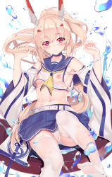 Rule 34 | 1girl, absurdres, aoi (buzhuen444), armpits, ayanami (azur lane), azur lane, bare shoulders, belt, blue choker, blue sailor collar, blue skirt, blush, breasts, bubble, cameltoe, chinese commentary, choker, closed mouth, collarbone, commentary request, covered erect nipples, crop top, crop top overhang, detached sleeves, feet, highres, long hair, midriff, neckerchief, nipples, no shoes, panties, pantyshot, platinum blonde hair, pleated skirt, ponytail, red eyes, sailor collar, see-through, sideboob, sidelocks, simple background, skirt, thighhighs, underwear, white background, white panties, white thighhighs, wide sleeves, yellow neckerchief