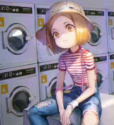 Rule 34 | 1girl, absurdres, alternate costume, american flag, blonde hair, child, denim, fate/grand order, fate (series), flat chest, frown, hat, highres, huge filesize, indoors, jeans, laundromat, matsuo shogo, overalls, pants, parted bangs, paul bunyan (fate), ripped jeans, shirt, short hair, short sleeves, sitting, smiley face, solo, striped clothes, striped shirt, torn clothes, torn jeans, torn pants, washing machine, white hat, wristband, yellow eyes