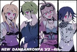 Rule 34 | 108 (toowa), 2boys, 2girls, :d, ahoge, akamatsu kaede, alternate eye color, amami rantaro, antenna hair, backpack, bag, barbed wire, black border, black choker, black gloves, blonde hair, blue eyes, border, bow, bracelet, breasts, checkered clothes, checkered scarf, choker, cleavage, clenched hands, collarbone, collared shirt, commentary request, copyright name, cowboy shot, danganronpa (series), danganronpa v3: killing harmony, ear piercing, fingerless gloves, fortissimo, gloves, goggles, goggles on head, green eyes, green hair, hair between eyes, hair ornament, hand on own hip, hands up, highres, index finger raised, iruma miu, jacket, jewelry, large breasts, long hair, long sleeves, looking at viewer, looking back, multiple boys, multiple girls, musical note, musical note hair ornament, necklace, necktie, o-ring, oma kokichi, open mouth, piercing, pink eyes, pink vest, pleated skirt, profile, purple eyes, purple hair, red eyes, ring, sailor collar, scarf, school uniform, serafuku, shirt, short hair, simple background, skirt, smile, straitjacket, striped clothes, striped shirt, sweater vest, vest, watermark