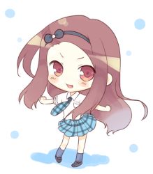 Rule 34 | 1girl, blush, blush stickers, brown eyes, brown hair, chibi, fang, hairband, idolmaster, idolmaster (classic), komi zumiko, looking at viewer, minase iori, necktie, open mouth, outstretched arms, pigeon-toed, plaid, plaid skirt, pleated skirt, rough time school, skirt, socks, solo, spread arms