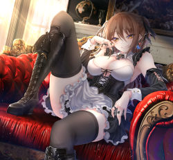 Rule 34 | 1girl, :q, apron, bad id, bad pixiv id, black corset, black footwear, black sleeves, black thighhighs, boots, breasts, brown eyes, brown hair, closed mouth, corset, couch, denpa (denpae29), detached sleeves, earrings, globe, hair between eyes, hair ornament, highres, indoors, jewelry, knee boots, knee up, large breasts, long hair, long sleeves, looking at viewer, original, ring, sitting, smile, solo, thighhighs, thighs, tongue, tongue out, white apron