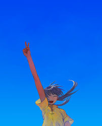 Rule 34 | 1girl, :d, ^ ^, arm up, blue background, closed eyes, hair bobbles, hair ornament, hair over one eye, happy, narutaru, open mouth, purple hair, shirt, sky, smile, solo, suke (user gzvk4878), tamai shiina, twintails, v, yellow shirt