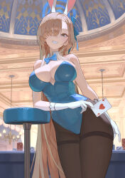 Rule 34 | 1girl, animal ears, asuna (blue archive), asuna (bunny) (blue archive), bare shoulders, blue archive, blue eyes, blue leotard, blue ribbon, blush, breasts, brown pantyhose, card, cleavage, detached collar, elbow gloves, fake animal ears, gloves, grin, hair over one eye, hair ribbon, halo, highleg, highleg leotard, highres, large breasts, leotard, light brown hair, long hair, looking at viewer, pantyhose, playboy bunny, playing card, rabbit ears, ribbon, smile, solo, thighband pantyhose, thighs, timbougami, very long hair, white gloves