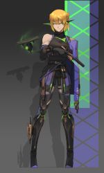 Rule 34 | 1girl, alternate costume, bare shoulders, black shirt, black shorts, black thighhighs, blonde hair, breasts, closed mouth, commentary request, cyborg, field (ypdm5354), flashlight, full body, green eyes, grey background, gun, handgun, highres, holding, holding gun, holding weapon, looking at viewer, medium breasts, mizuhashi parsee, pistol, pointy ears, robot, shirt, short hair, shorts, sleeveless, sleeveless shirt, solo, tactical light, thighhighs, touhou, weapon