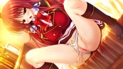 Rule 34 | 1girl, bed, blush, clochette (company), clothing aside, dutch angle, game cg, long hair, open mouth, panties, panties aside, prism recollection!, pussy, red eyes, red hair, renjou sayaka, school uniform, shintarou, socks, solo, spread legs, uncensored, underwear