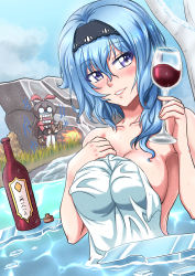 Rule 34 | 2girls, :d, absurdres, alcohol, amber (genshin impact), atawatsho, blue hair, bonfire, brown gloves, brown hair, cold, commentary, cup, drinking glass, english commentary, eula (genshin impact), fire, genshin impact, gloves, hair between eyes, hairband, highres, ice, in water, long hair, long sleeves, looking at viewer, multiple girls, naked towel, open mouth, purple eyes, sidelocks, smile, squatting, towel, wine, wine glass