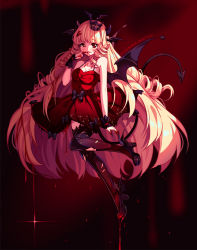 Rule 34 | 1girl, artist name, bare arms, bat wings, big hair, black bow, black footwear, black nails, black thighhighs, blonde hair, blood, blood from mouth, blood on hands, blunt bangs, borrowed character, bow, breasts, cleavage, collarbone, commission, crown, demon girl, demon tail, dress, drill hair, dripping, fingernails, full body, hair ornament, hairclip, head wings, high heels, hyanna-natsu, leg up, long fingernails, long hair, looking at viewer, medium breasts, midair, nail polish, original, parted lips, red dress, red eyes, red lips, scrunchie, shoes, sleeveless, sleeveless dress, solo, sparkle, tail, thighhighs, torn clothes, torn thighhighs, very long hair, wings, wrist scrunchie, zettai ryouiki