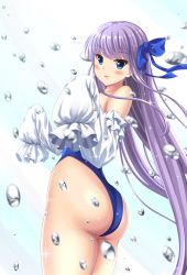 Rule 34 | 1girl, 793murasaki, ass, bare shoulders, blue eyes, blue one-piece swimsuit, blue ribbon, blush, breasts, fate/grand order, fate (series), frills, hair between eyes, hair ribbon, highleg, highleg swimsuit, highres, long hair, looking at viewer, meltryllis, meltryllis (fate), meltryllis (swimsuit lancer) (fate), meltryllis (swimsuit lancer) (second ascension) (fate), one-piece swimsuit, parted lips, puffy sleeves, purple hair, ribbon, sleeves past fingers, sleeves past wrists, small breasts, smile, solo, swimsuit, thighs, very long hair, water drop