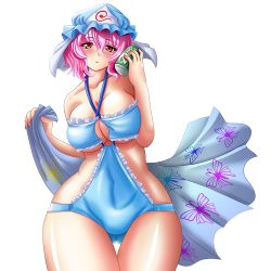 Rule 34 | 1girl, 7up, bad id, bad pixiv id, breasts, cleavage cutout, clothing cutout, curvy, female focus, hat, pink eyes, pink hair, saigyouji yuyuko, shin&#039;en (gyokuro company), simple background, solo, swimsuit, touhou, white background, wide hips