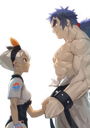 Rule 34 | 1boy, 1girl, bea (pokemon), black bodysuit, black hairband, bodysuit, bodysuit under clothes, breasts, bruno (pokemon), closed mouth, commentary request, creatures (company), dark-skinned female, dark skin, dynamax band, elite four, eye contact, game freak, grey hair, gym leader, hair tie, hairband, handshake, highres, looking at another, manly, muscular, nintendo, pokemon, pokemon rgby, pokemon swsh, print shirt, print shorts, sanwood mori, shirt, short hair, short sleeves, shorts, simple background, size difference, spiked hair, sweat, tied shirt, topless male, white background, wristband