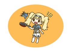 Rule 34 | 1girl, absurdres, artist request, belt, blonde hair, blue shirt, blush stickers, breast pocket, chibi, circular wing, frying pan, gambier bay (kancolle), hairband, highres, kantai collection, pocket, shirt, shorts, solid oval eyes, solo, sweatdrop, twintails, white legwear, xf5u