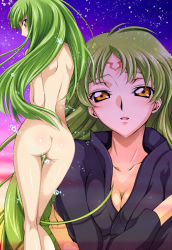 Rule 34 | 00s, ass, blush, breasts, brown eyes, c.c., cleavage, code geass, collarbone, gluteal fold, green hair, iyou, long hair, looking back, medium breasts, mizuno poppo, multiple views, nude, poppo, yellow eyes