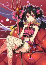 Rule 34 | 10s, 1girl, bare shoulders, black hair, bow, choker, couch, crossed legs, crown, demon girl, demon tail, earrings, engawa (rarenago), finger to mouth, fishnet thighhighs, fishnets, flower, gloves, hair bow, hair ornament, heart, highres, jewelry, love live!, love live! school idol festival, love live! school idol project, navel, pink bow, pink gloves, polearm, polka dot, polka dot bow, red eyes, rose, short hair, sitting, skirt, smile, solo, tail, thighhighs, trident, twintails, weapon, yazawa nico