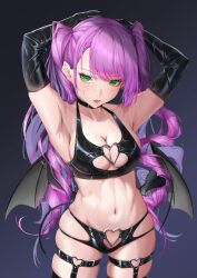 Rule 34 | 1girl, absurdres, aleth, arms up, bikini, black bikini, black gloves, black wings, blue background, blush, breasts, cleavage, cowboy shot, demon girl, demon tail, drill, elbow gloves, gloves, gradient background, green eyes, heart o-ring, highres, hololive, long hair, looking at viewer, low wings, medium breasts, multicolored hair, navel, o-ring, o-ring thigh strap, open mouth, piercing, pink hair, purple hair, simple background, skindentation, solo, stomach, streaked hair, swimsuit, tail, tail ornament, tail piercing, thigh strap, tokoyami towa, twintails, very long hair, virtual youtuber, wings