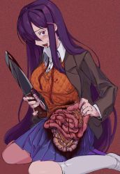 Rule 34 | 1girl, blazer, blood, blood from mouth, blood on clothes, blood stain, bloody weapon, blue skirt, blush, brown jacket, chomahu, collared shirt, death, disembowelment, doki doki literature club, feet out of frame, guro, hair intakes, hair ornament, hairclip, highres, holding, holding knife, intestines, jacket, kneehighs, knife, long hair, neck ribbon, on floor, open mouth, organs, pleated skirt, purple eyes, purple hair, red background, ribbon, self-harm, shirt, simple background, sitting, skirt, socks, solo, sweat, sweatdrop, sweater vest, teeth, tongue, very long hair, weapon, white shirt, yuri (doki doki literature club)