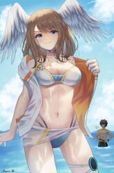 Rule 34 | 1boy, 1girl, bikini, blue eyes, breast tattoo, breasts, brown hair, choker, cleavage, doiparuni, eunie (xenoblade), head wings, highres, large breasts, long hair, looking at viewer, medium hair, navel, smile, swimsuit, taion (xenoblade), tattoo, water, white wings, wings, xenoblade chronicles (series), xenoblade chronicles 3