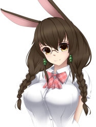 Rule 34 | 1girl, animal ears, arms behind back, blush, braid, breasts, brown hair, feather quilt, hair ornament, large breasts, long hair, looking at viewer, low twintails, original, rabbit ears, rabbit girl, see-through silhouette, simple background, smile, solo, twin braids, twintails, white background, yellow eyes