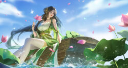 Rule 34 | 1girl, absurdres, baiguio (zhu xian), bare shoulders, blue sky, boat, brown hair, clothing cutout, cloud, dress, flower, green dress, hair ornament, highres, holding, holding flower, hui li bu huahua, jewelry, lily pad, long hair, looking to the side, lotus root, necklace, sash, second-party source, shoulder cutout, sky, smile, solo, splashing, thighhighs, water, watercraft, white thighhighs, zhu xian