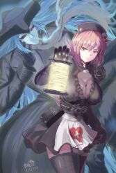 Rule 34 | 1boy, 1girl, absurdres, black coat, black dress, black gloves, black sclera, black thighhighs, blue hair, breasts, cigarette, cleavage, coat, colored sclera, dated, dress, fate/grand order, fate (series), florence nightingale (fate), florence nightingale (manor of repose) (fate), ghost, gloves, grey (kuro hakubutsukan), hat, highres, kuro hakubutsukan ghost and lady, lantern, large breasts, long hair, nurse cap, pink hair, red eyes, signature, smoking, tetsu no samurai, thighhighs