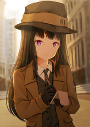 Rule 34 | 1girl, backlighting, black gloves, black hair, black jacket, black necktie, blunt bangs, blurry, blurry background, brown hat, building, buttons, city, closed mouth, coat, commission, day, depth of field, detective, gloves, hat, highres, holding, holding pen, jacket, kirimatsu, light particles, long hair, long sleeves, looking at viewer, necktie, open clothes, open coat, original, outdoors, pen, purple eyes, road, serious, solo, street, upper body, wing collar, writing