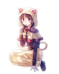 Rule 34 | 1girl, acolyte (ragnarok online), animal hood, black socks, blush, bow, bowtie, braid, brown eyes, brown footwear, brown hair, brown shirt, capelet, cat hood, cat tail, commentary request, fake tail, full body, gloves, grey gloves, hood, hood up, long skirt, long sleeves, looking at viewer, low twin braids, medium bangs, medium hair, open mouth, ragnarok online, red bow, red bowtie, shirt, shoes, simple background, sitting, skirt, socks, solo, tail, twin braids, wariza, white background, white capelet, white skirt, yakka