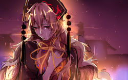 Rule 34 | 1girl, aura, backlighting, black dress, blonde hair, building, chinese clothes, dress, hair between eyes, hand on own chest, hat, highres, junko (touhou), kagari6496, light particles, light trail, long hair, long sleeves, night, outdoors, purple sky, purple theme, red eyes, ribbon, sad, single tear, sketch, sky, solo, tabard, tassel, touhou, upper body, very long hair