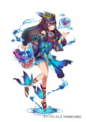 Rule 34 | 1girl, bell, black hair, blue skirt, bracelet, company name, dmm, closed eyes, full body, hand up, hat, jewelry, jingle bell, leech, long hair, mataichi mataro, official art, pearl bracelet, sandals, simple background, skirt, solo, standing, tattoo, water, white background, wide sleeves, yuba no shirushi