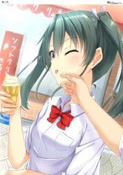 Rule 34 | 10s, 1boy, 1girl, ;p, blush, commentary request, dress shirt, food, food on face, green eyes, green hair, hair ribbon, hino (2nd life), ice cream, ice cream cone, kantai collection, long hair, one eye closed, open mouth, pov, pov hands, ribbon, school uniform, shirt, short sleeves, tongue, tongue out, twintails, twitter username, white ribbon, wiping face, zuikaku (kancolle)