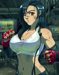 Rule 34 | 1girl, blood, breasts, dirty, fighting stance, final fantasy, final fantasy vii, highres, large breasts, muscular, muscular female, solo, suspenders, sweat, tifa lockhart, unicornfolio, upper body