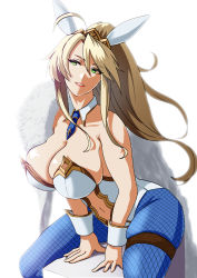 Rule 34 | 1girl, absurdres, ahoge, animal ears, artoria pendragon (all), artoria pendragon (fate), artoria pendragon (swimsuit ruler) (fate), bare shoulders, blonde hair, blue neckwear, blue pantyhose, braid, breasts, cleavage, clothing cutout, collarbone, detached collar, fake animal ears, fate/grand order, fate (series), feather boa, fishnet pantyhose, fishnets, french braid, green eyes, hair between eyes, highleg, highleg leotard, highres, large breasts, leotard, long hair, looking to the side, navel cutout, necktie, pantyhose, parted lips, playboy bunny, ponytail, rabbit ears, shibao aoyama, sidelocks, simple background, sitting, smile, thigh strap, thighs, tiara, white background, white leotard, wrist cuffs
